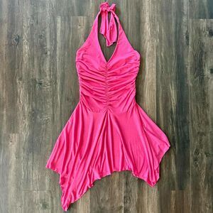 Y2K Ruched Halter V Neck Dress Asymmetrical Frill Hem Size Large Charlotte Russe